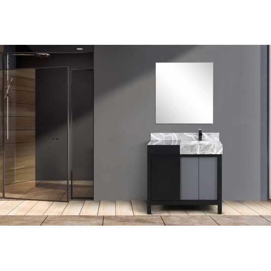 Zilara 36" Black and Grey Vanity, Castle Grey Marble Top, Square Sink, Cascata Nera Matte Black Faucet Set, and 30" Mirror