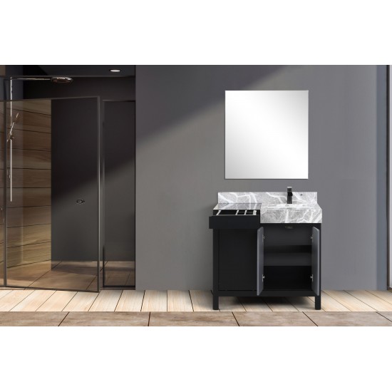 Zilara 36" Black and Grey Vanity, Castle Grey Marble Top, Square Sink, Cascata Nera Matte Black Faucet Set, and 30" Mirror