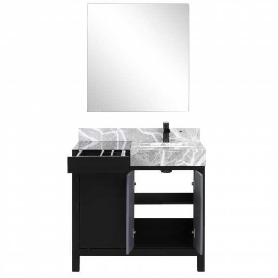 Zilara 36" Black and Grey Vanity, Castle Grey Marble Top, Square Sink, Cascata Nera Matte Black Faucet Set, and 30" Mirror