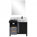 Zilara 36" Black and Grey Vanity, Castle Grey Marble Top, Square Sink, Cascata Nera Matte Black Faucet Set, and 30" Mirror