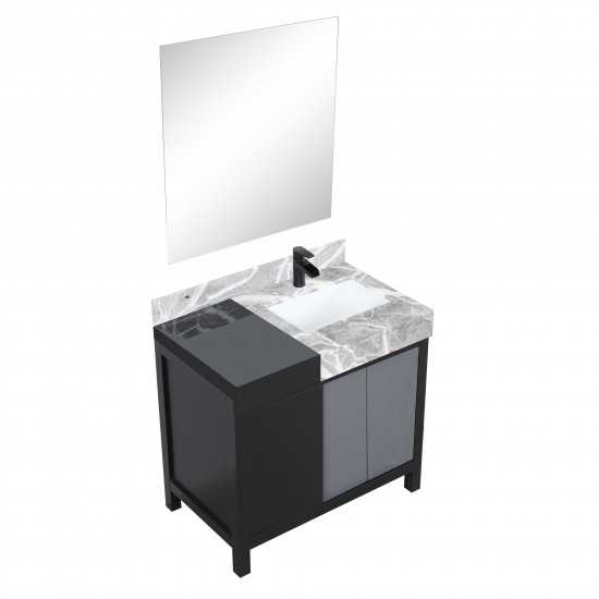 Zilara 36" Black and Grey Vanity, Castle Grey Marble Top, Square Sink, Cascata Nera Matte Black Faucet Set, and 30" Mirror