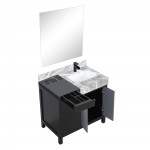 Zilara 36" Black and Grey Vanity, Castle Grey Marble Top, Square Sink, Cascata Nera Matte Black Faucet Set, and 30" Mirror