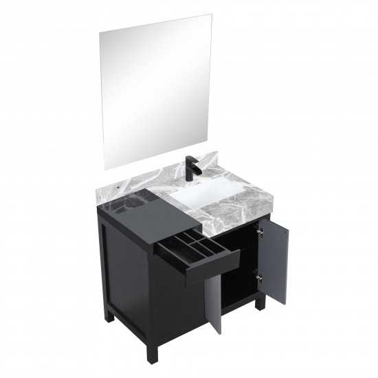 Zilara 36" Black and Grey Vanity, Castle Grey Marble Top, Square Sink, Cascata Nera Matte Black Faucet Set, and 30" Mirror