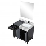 Zilara 36" Black and Grey Vanity, Castle Grey Marble Top, Square Sink, Cascata Nera Matte Black Faucet Set, and 30" Mirror