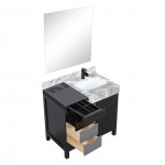 Zilara 36" Black and Grey Vanity, Castle Grey Marble Top, Square Sink, Cascata Nera Matte Black Faucet Set, and 30" Mirror
