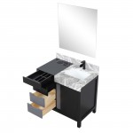 Zilara 36" Black and Grey Vanity, Castle Grey Marble Top, Square Sink, Cascata Nera Matte Black Faucet Set, and 30" Mirror