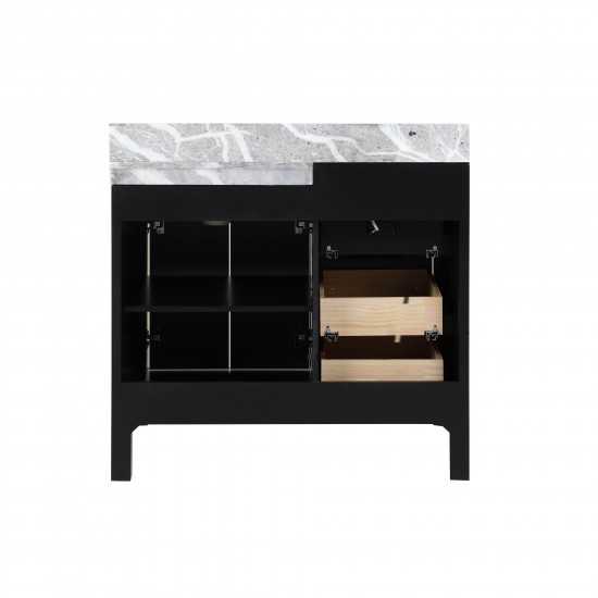 Zilara 36" Black and Grey Vanity, Castle Grey Marble Top, Square Sink, Cascata Nera Matte Black Faucet Set, and 30" Mirror