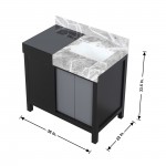Zilara 36" Black and Grey Vanity, Castle Grey Marble Top, Square Sink, Cascata Nera Matte Black Faucet Set, and 30" Mirror