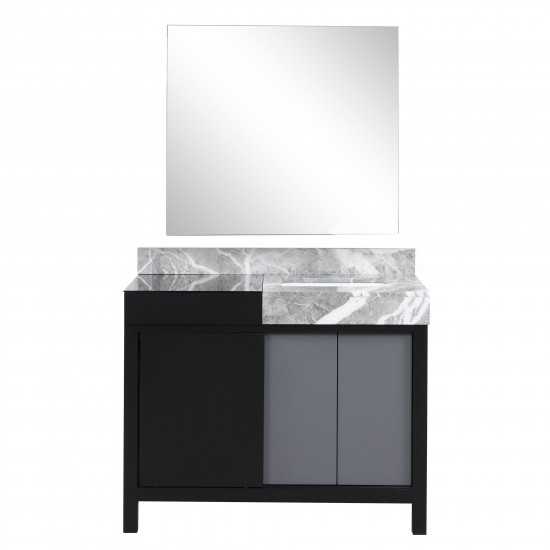 Zilara 42" Black and Grey Vanity, Castle Grey Marble Top, White Square Sink, and 34" Frameless Mirror