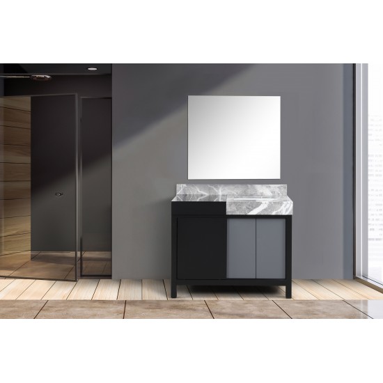 Zilara 42" Black and Grey Vanity, Castle Grey Marble Top, White Square Sink, and 34" Frameless Mirror