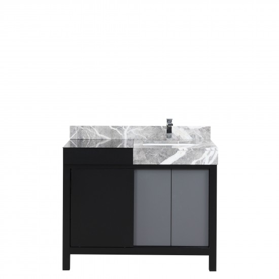 Zilara 42" Black and Grey Vanity, Castle Grey Marble Top, White Square Sink, and Monte Chrome Faucet