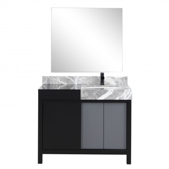 Zilara 42" Black and Grey Vanity, Castle Grey Marble Top, Square Sink, Cascata Nera Matte Black Faucet Set, and 34" Mirror