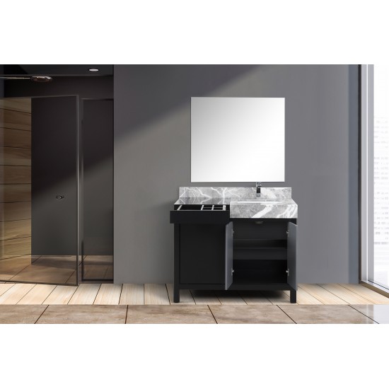 Zilara 42" Black and Grey Vanity, Castle Grey Marble Top, White Square Sink, Monte Chrome Faucet Set, and 34" Frameless Mirro