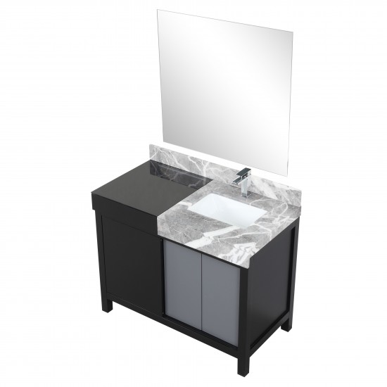 Zilara 42" Black and Grey Vanity, Castle Grey Marble Top, White Square Sink, Monte Chrome Faucet Set, and 34" Frameless Mirro
