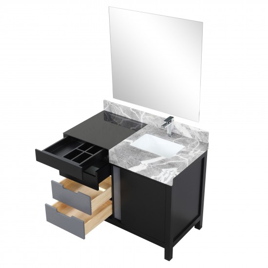 Zilara 42" Black and Grey Vanity, Castle Grey Marble Top, White Square Sink, Monte Chrome Faucet Set, and 34" Frameless Mirro