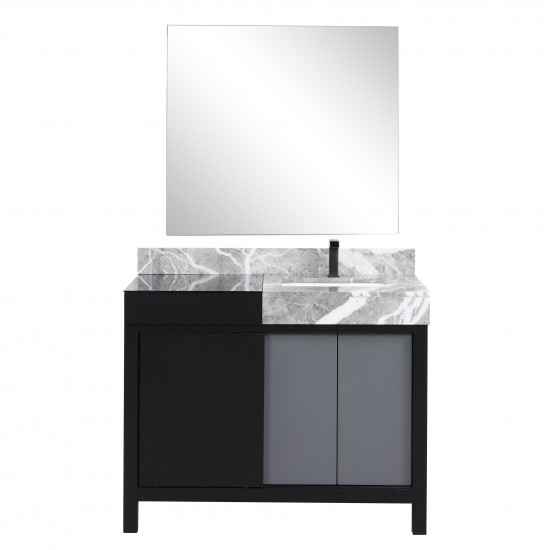 Zilara 42" Black and Grey Vanity, Castle Grey Marble Top, Square Sink, Balzani Gun Metal Faucet Set, and 34" Mirror