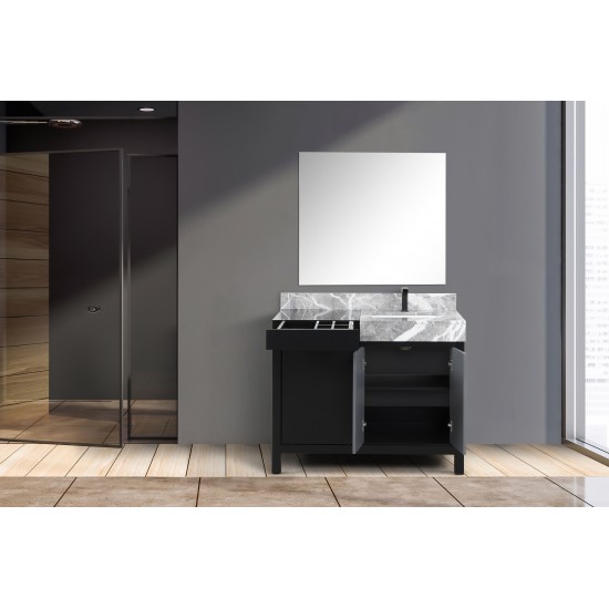 Zilara 42" Black and Grey Vanity, Castle Grey Marble Top, Square Sink, Balzani Gun Metal Faucet Set, and 34" Mirror
