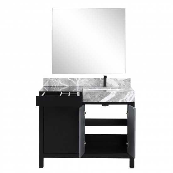 Zilara 42" Black and Grey Vanity, Castle Grey Marble Top, Square Sink, Balzani Gun Metal Faucet Set, and 34" Mirror