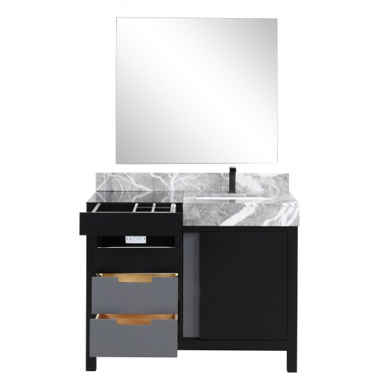 Zilara 42" Black and Grey Vanity, Castle Grey Marble Top, Square Sink, Balzani Gun Metal Faucet Set, and 34" Mirror