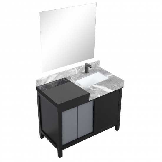Zilara 42" Black and Grey Vanity, Castle Grey Marble Top, Square Sink, Balzani Gun Metal Faucet Set, and 34" Mirror