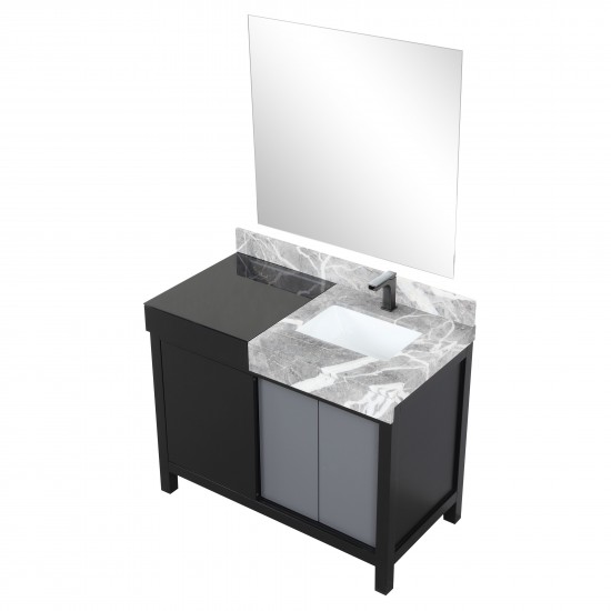 Zilara 42" Black and Grey Vanity, Castle Grey Marble Top, Square Sink, Balzani Gun Metal Faucet Set, and 34" Mirror