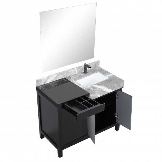 Zilara 42" Black and Grey Vanity, Castle Grey Marble Top, Square Sink, Balzani Gun Metal Faucet Set, and 34" Mirror