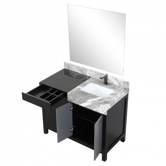 Zilara 42" Black and Grey Vanity, Castle Grey Marble Top, Square Sink, Balzani Gun Metal Faucet Set, and 34" Mirror