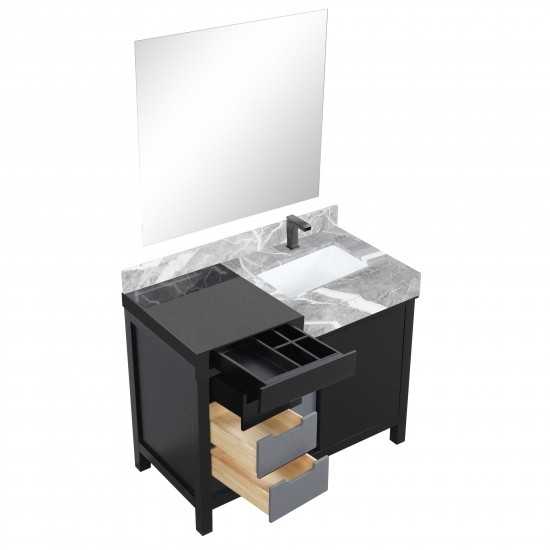 Zilara 42" Black and Grey Vanity, Castle Grey Marble Top, Square Sink, Balzani Gun Metal Faucet Set, and 34" Mirror