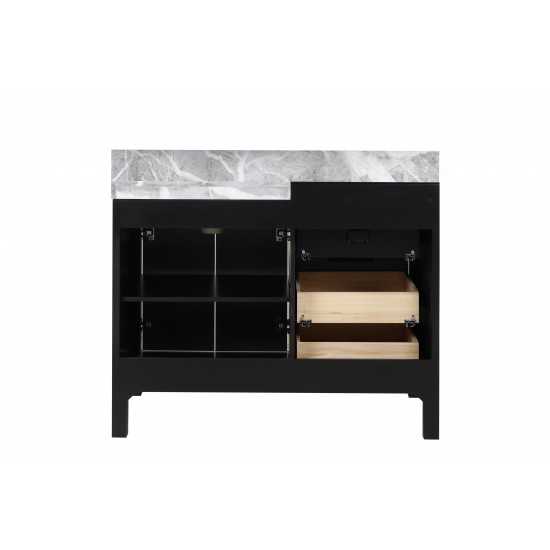 Zilara 42" Black and Grey Vanity, Castle Grey Marble Top, Square Sink, Balzani Gun Metal Faucet Set, and 34" Mirror