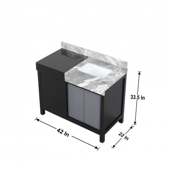 Zilara 42" Black and Grey Vanity, Castle Grey Marble Top, Square Sink, Balzani Gun Metal Faucet Set, and 34" Mirror