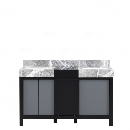 Zilara 55" Black and Grey Double Vanity, Castle Grey Marble Tops, and White Square Sinks