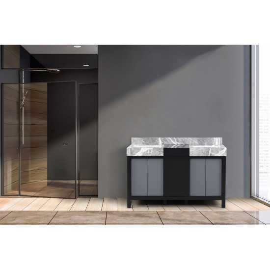 Zilara 55" Black and Grey Double Vanity, Castle Grey Marble Tops, and White Square Sinks