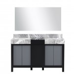 Zilara 55" Black and Grey Double Vanity, Castle Grey Marble Tops, White Square Sinks, and 53" Frameless Mirror