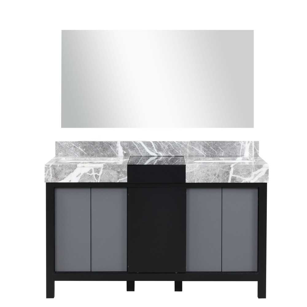 Zilara 55" Black and Grey Double Vanity, Castle Grey Marble Tops, White Square Sinks, and 53" Frameless Mirror