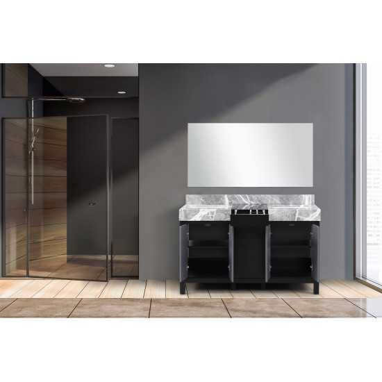 Zilara 55" Black and Grey Double Vanity, Castle Grey Marble Tops, White Square Sinks, and 53" Frameless Mirror