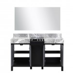 Zilara 55" Black and Grey Double Vanity, Castle Grey Marble Tops, White Square Sinks, and 53" Frameless Mirror