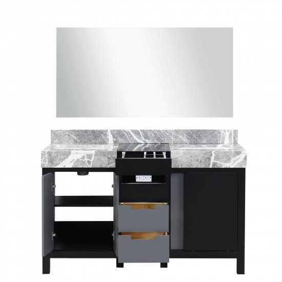 Zilara 55" Black and Grey Double Vanity, Castle Grey Marble Tops, White Square Sinks, and 53" Frameless Mirror