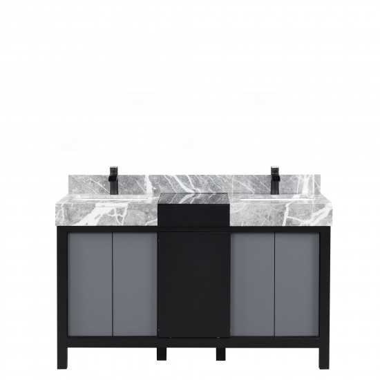 Zilara 55" Black and Grey Double Vanity, Castle Grey Marble Tops, White Square Sinks, and Cascata Nera Matte Black Faucet Set