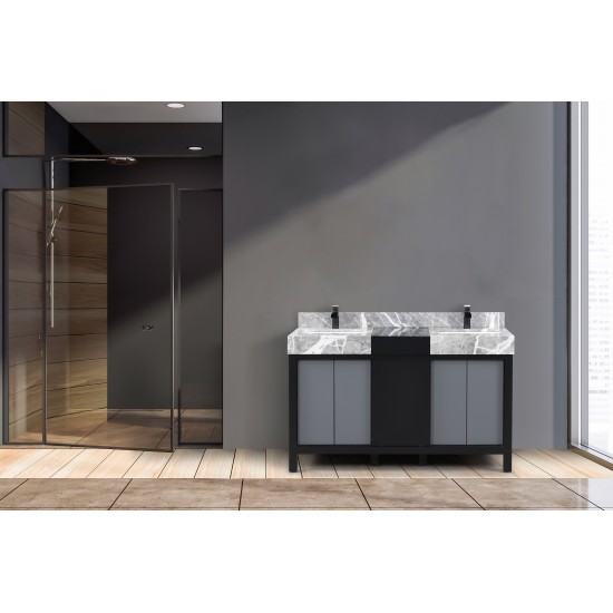 Zilara 55" Black and Grey Double Vanity, Castle Grey Marble Tops, White Square Sinks, and Cascata Nera Matte Black Faucet Set