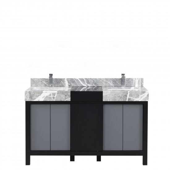 Zilara 55" Black and Grey Double Vanity, Castle Grey Marble Tops, White Square Sinks, and Monte Chrome Faucet Set