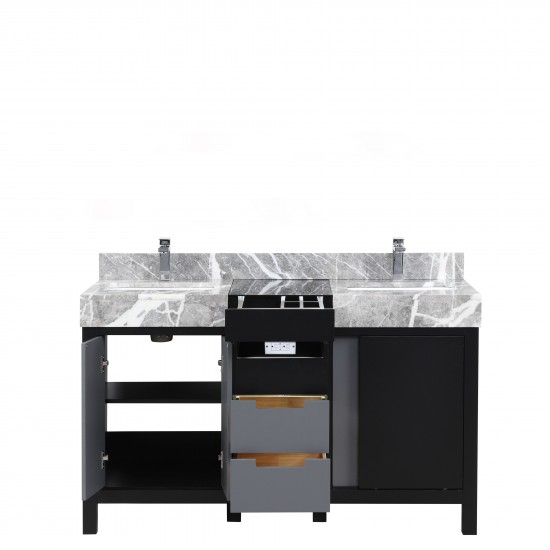 Zilara 55" Black and Grey Double Vanity, Castle Grey Marble Tops, White Square Sinks, and Monte Chrome Faucet Set