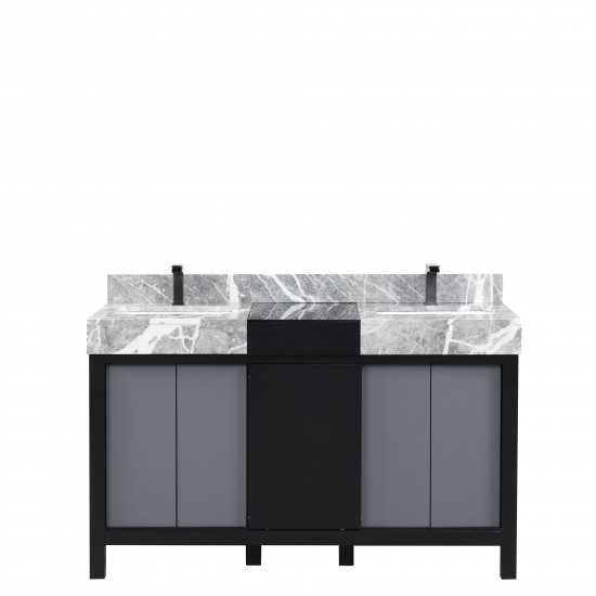 Zilara 55" Black and Grey Double Vanity, Castle Grey Marble Tops, White Square Sinks, and Balzani Gun Metal Faucet Set