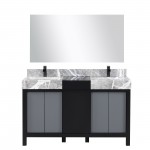 Zilara 55" Black Grey Double Vanity, Castle Grey Marble Tops, Square Sinks, Cascata Nera Matte Black Faucet Set, 53" Mirror