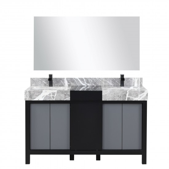 Zilara 55" Black Grey Double Vanity, Castle Grey Marble Tops, Square Sinks, Cascata Nera Matte Black Faucet Set, 53" Mirror