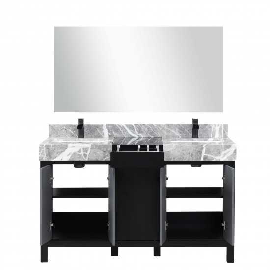 Zilara 55" Black Grey Double Vanity, Castle Grey Marble Tops, Square Sinks, Cascata Nera Matte Black Faucet Set, 53" Mirror