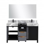 Zilara 55" Black Grey Double Vanity, Castle Grey Marble Tops, Square Sinks, Cascata Nera Matte Black Faucet Set, 53" Mirror