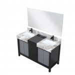 Zilara 55" Black Grey Double Vanity, Castle Grey Marble Tops, Square Sinks, Cascata Nera Matte Black Faucet Set, 53" Mirror