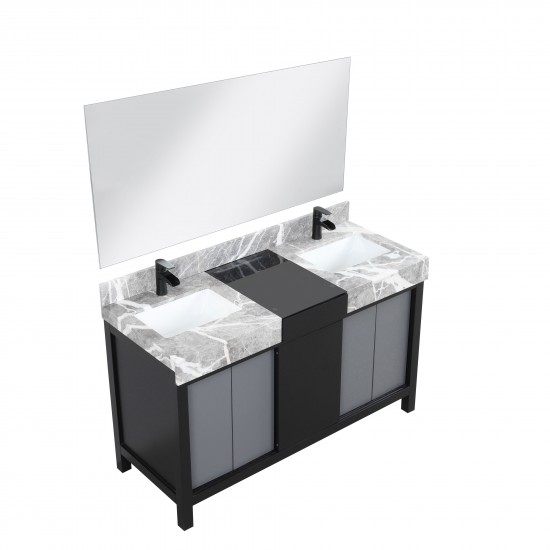 Zilara 55" Black Grey Double Vanity, Castle Grey Marble Tops, Square Sinks, Cascata Nera Matte Black Faucet Set, 53" Mirror