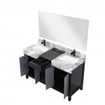 Zilara 55" Black Grey Double Vanity, Castle Grey Marble Tops, Square Sinks, Cascata Nera Matte Black Faucet Set, 53" Mirror