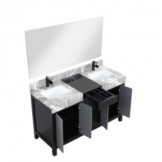 Zilara 55" Black Grey Double Vanity, Castle Grey Marble Tops, Square Sinks, Cascata Nera Matte Black Faucet Set, 53" Mirror